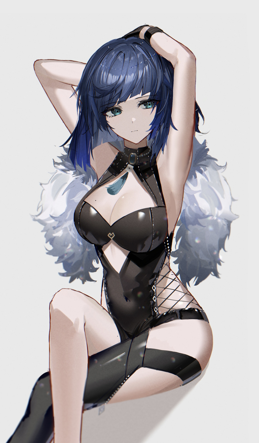 1girl absurdres alternate_costume armpits arms_up bangs black_dress blue_eyes blue_hair blunt_bangs bob_cut breasts cleavage cleavage_cutout clothing_cutout covered_navel crossed_legs dress genshin_impact glance grey_background hand_on_own_head highres large_breasts raiya_atelier simple_background sleeveless sleeveless_dress solo yelan_(genshin_impact)