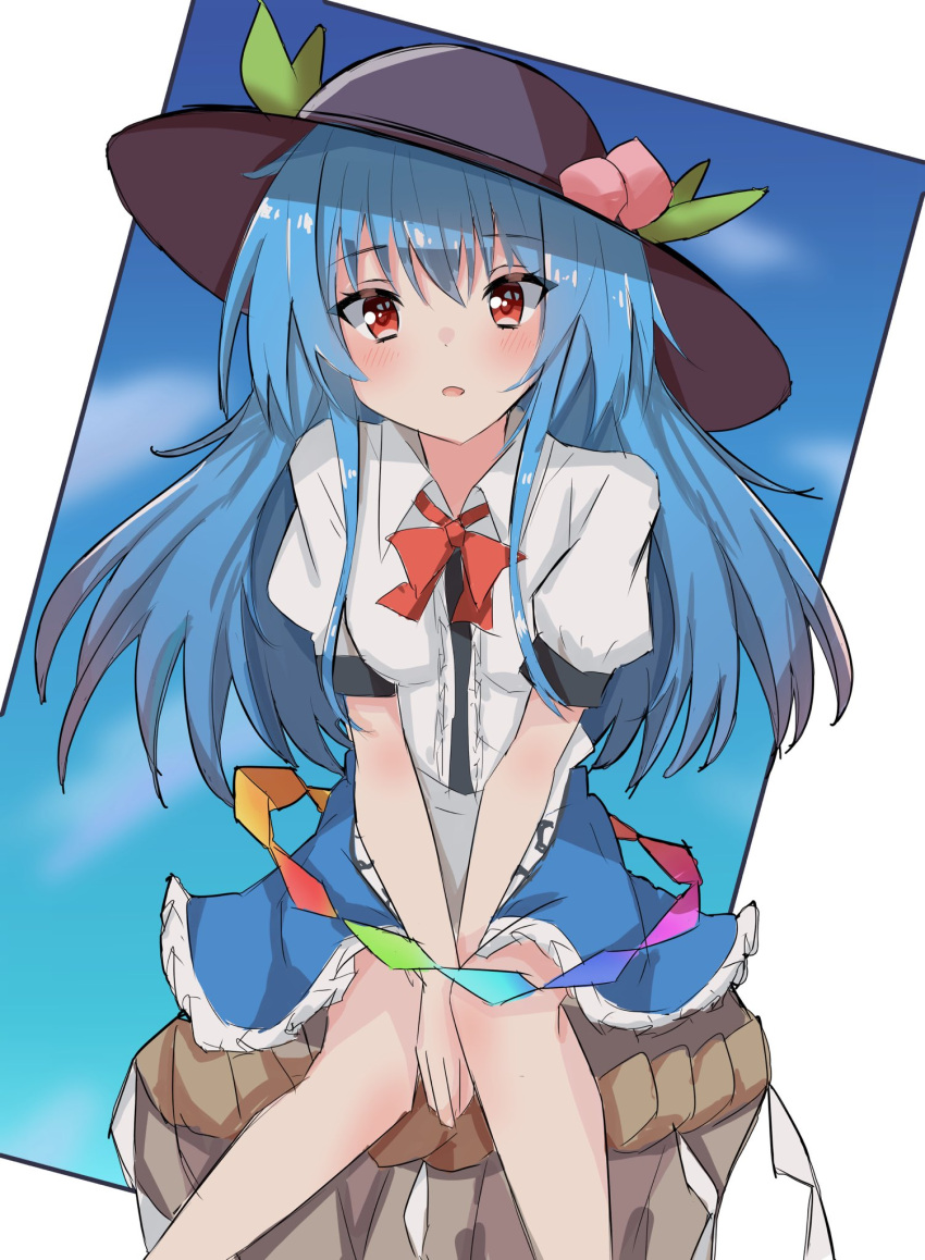 1girl bangs black_headwear blue_hair blue_skirt blue_sky bow bowtie cloud eyebrows_visible_through_hair food fruit gradient_sky highres hinanawi_tenshi keystone leaf long_hair looking_at_viewer nono54558 one-hour_drawing_challenge open_mouth outdoors peach rainbow_order red_bow red_bowtie red_eyes shirt sitting skirt sky solo touhou v_arms white_shirt