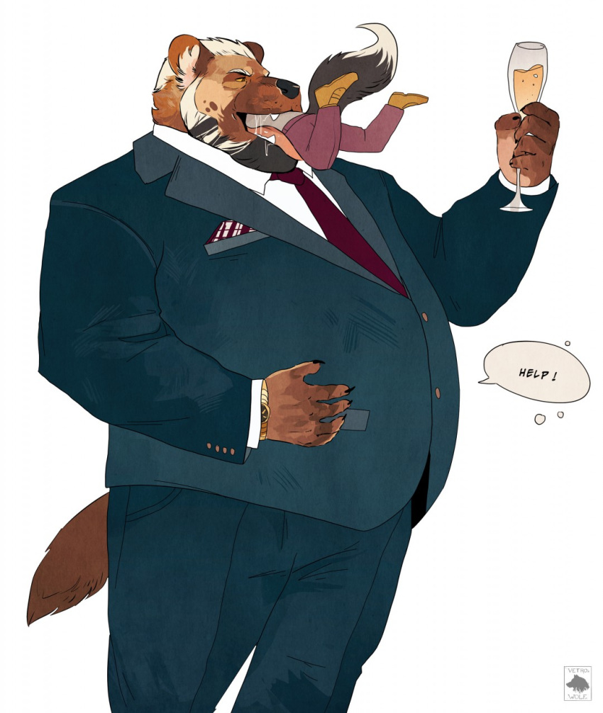 age_difference anthro belly big_belly bodily_fluids clothing drooling hand_on_stomach hi_res hyaenid male mammal older_male oral_vore saliva size_difference suit vore