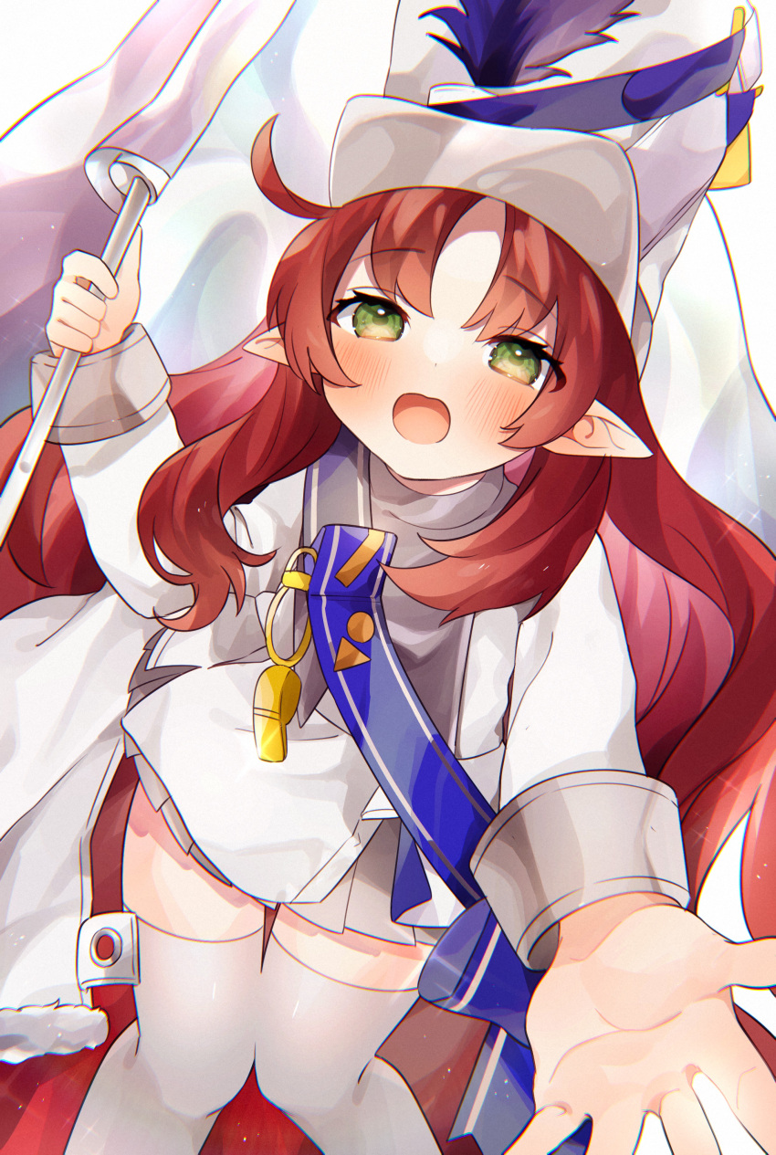 1girl absurdres arknights blue_sash cape drum_major flag green_eyes hat highres holding holding_flag long_hair looking_at_viewer myrtle_(arknights) myrtle_(light_gold_celebration)_(arknights) official_alternate_costume open_mouth pointy_ears red_hair sash shako_cap skirt smile solo takumi_mizuki thighhighs white_cape white_flag white_headwear white_legwear white_skirt