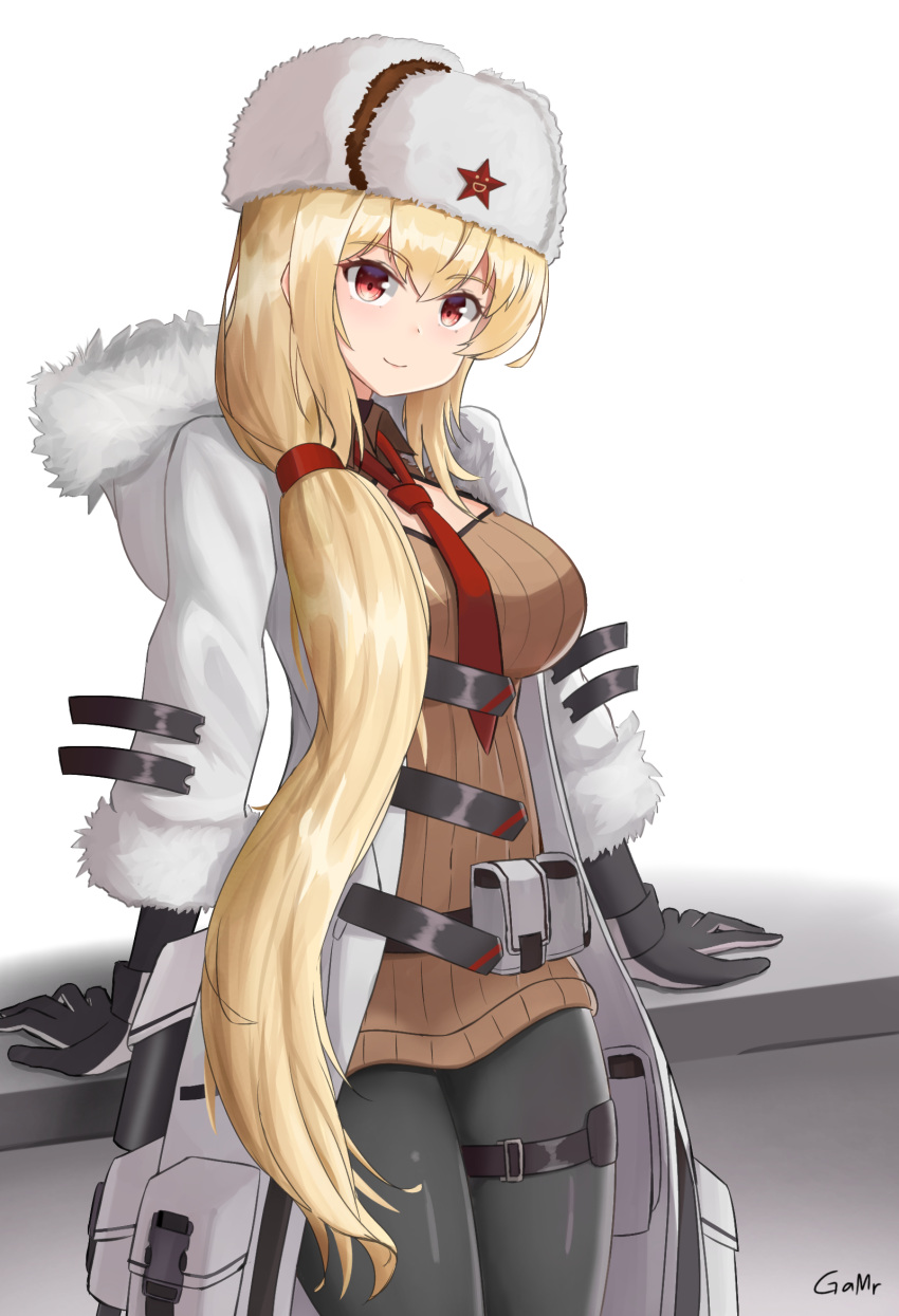 1girl arms_behind_back artist_name bangs belt_bag black_gloves black_legwear blonde_hair blush breasts brown_sweater closed_mouth coat cosplay english_commentary eyebrows_visible_through_hair feet_out_of_frame fur-trimmed_coat fur-trimmed_sleeves fur_trim gamryous girls'_frontline gloves hat hat_ornament highres long_hair long_sleeves looking_at_viewer medium_breasts mod3_(girls'_frontline) mosin-nagant_(girls'_frontline) mosin-nagant_(girls'_frontline)_(cosplay) necktie open_clothes open_coat pantyhose papakha red_eyes red_necktie red_star smile solo standing star_(symbol) star_hat_ornament sv-98_(girls'_frontline) sweater white_background white_coat white_headwear