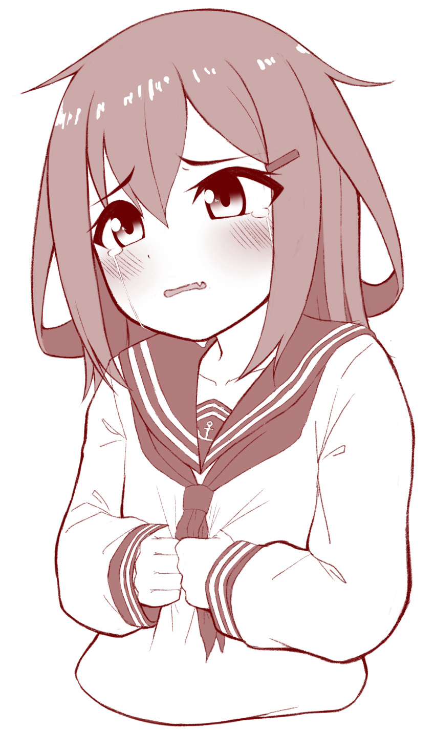 1girl absurdres anchor_symbol blush commentary_request crying fang highres ikazuchi_(kancolle) kantai_collection monochrome neckerchief nose_blush sailor_collar school_uniform sepia serafuku short_hair skin_fang solo tears tiemu_(man190) upper_body