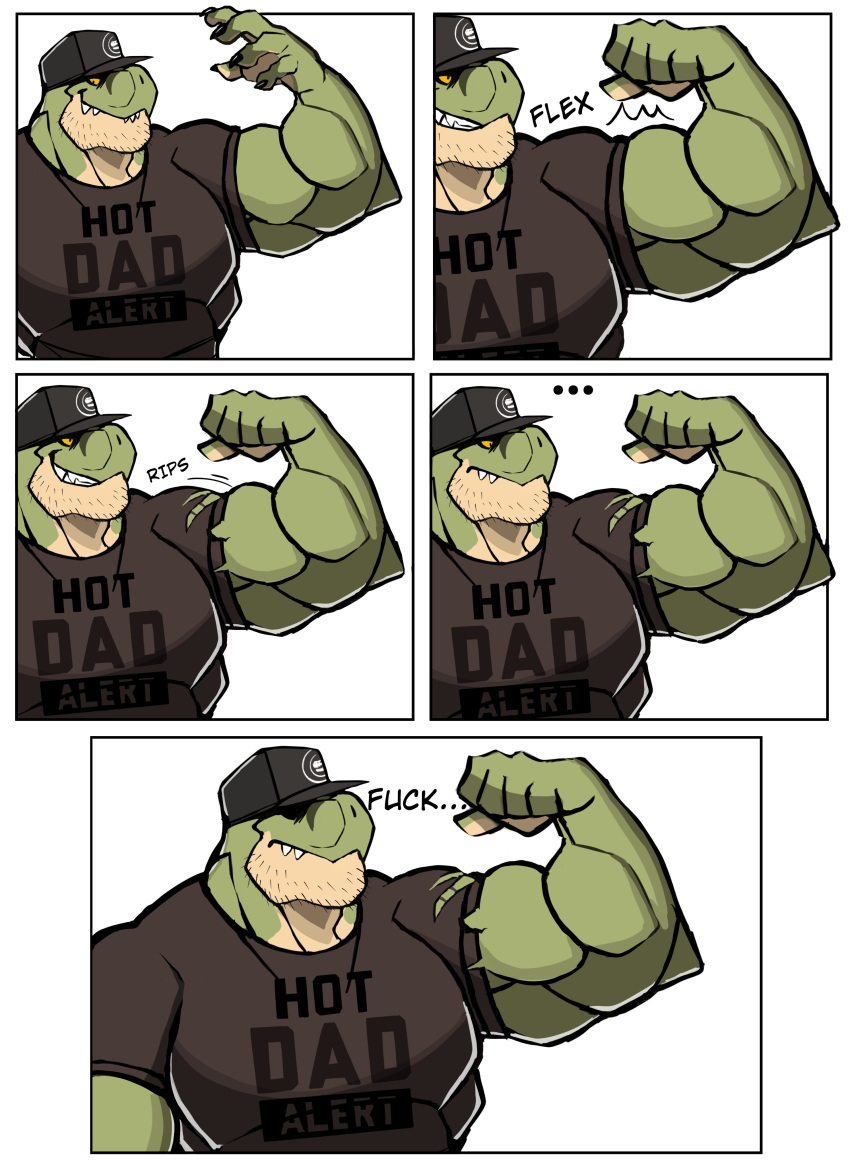 ... 2022 absurd_res anthro baseball_cap biceps big_muscles claws clothed clothing comic darknaigart dialogue dinosaur emanata english_text facial_hair flexing frown hat headgear headwear hi_res huge_muscles jace_(darknaig) male multiple_scenes muscular muscular_anthro muscular_male onomatopoeia pecs profanity reptile scalie shirt smile solo sound_effects t-shirt teeth text text_on_clothing text_on_shirt text_on_topwear theropod topwear torn_clothing torn_shirt torn_topwear tyrannosaurid tyrannosaurus tyrannosaurus_rex