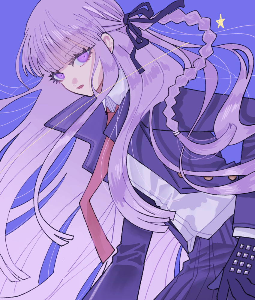 1girl bangs black_jacket blue_background braid danganronpa:_trigger_happy_havoc danganronpa_(series) gloves grey_shirt hair_ribbon highres jacket kirigiri_kyouko long_hair long_sleeves necktie okonomiyakiyyy1 open_clothes open_jacket open_mouth pink_eyes pink_hair pink_necktie purple_gloves purple_skirt ribbon shiny shiny_hair shirt side_braid simple_background skirt solo