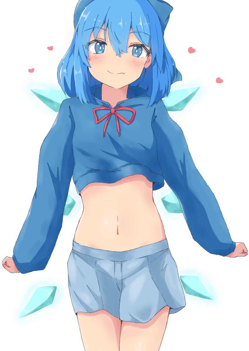 1girl absurdres alternate_costume bangs blue_eyes blue_hair blue_shirt blue_skirt blush bow cirno cowboy_shot eyebrows_visible_through_hair fang hair_between_eyes hair_bow heart highres light_smile long_sleeves looking_at_viewer midriff miniskirt mizune_(winter) navel shirt skin_fang skirt solo standing touhou wings