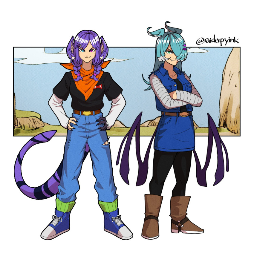 2girls android_17 android_17_(cosplay) android_18 android_18_(cosplay) bangs belt black_legwear black_shirt blue_eyes blue_footwear blue_hair blue_jacket blue_skirt braid brown_belt brown_footwear closed_mouth cosplay denim dragon_ball dragon_ball_z dragon_tail dragon_wings elira_pendora english_commentary fang full_body green_legwear hair_ornament hair_over_one_eye hairclip head_wings heterochromia highres jacket long_hair looking_at_viewer medium_hair multiple_girls nijisanji nijisanji_en one_eye_covered orange_scarf outside_border pants pantyhose purple_eyes purple_hair raider_fry red_ribbon_army scarf selen_tatsuki shirt shoes siblings sisters skirt sky sleeveless sleeveless_jacket smile socks standing striped_sleeves swept_bangs tail torn_clothes torn_pants twin_braids twitter_username virtual_youtuber white_shirt white_sleeves wings