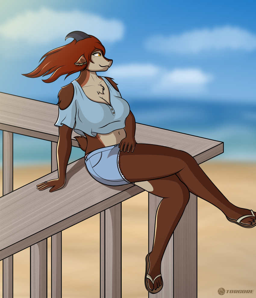 absurd_res anthro ava_(torgore) beach bovid brown_body brown_fur caprine clothing female fence flip_flops footwear fur goat hair hi_res horn mammal red_hair sandals seaside solo torgore yellow_eyes