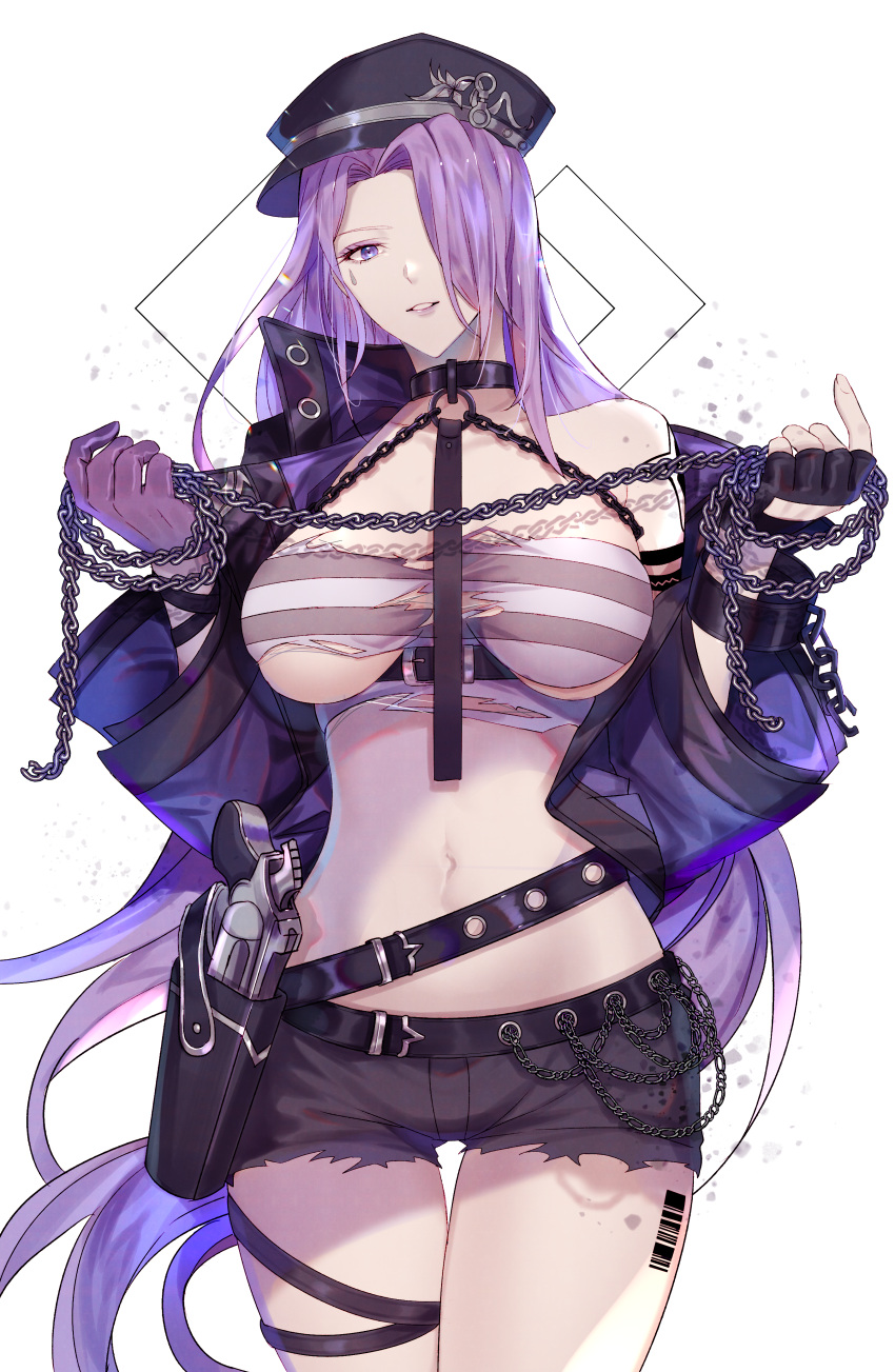 1girl absurdres barcode black_survival breasts chain choker cowboy_shot eternal_return:_black_survival gevjon gun hair_over_one_eye handgun hat highres holstered_weapon large_breasts laura_(black_survival) long_hair looking_at_viewer midriff navel official_alternate_costume pistol prison_clothes purple_eyes purple_hair revolver short_shorts shorts smile solo strapless torn_clothes torn_shorts tube_top underboob very_long_hair weapon white_background