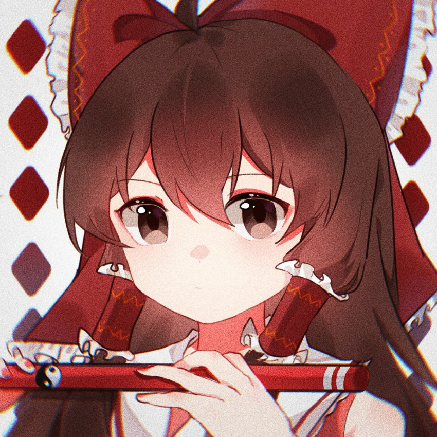1girl ahoge bangs bare_shoulders bow brown_eyes brown_hair commentary expressionless frilled_bow frilled_hair_tubes frilled_shirt_collar frills hair_between_eyes hair_bow hair_tubes hakurei_reimu holding holding_stick ling_shui_dreamland looking_at_viewer medium_hair nail_polish noise portrait red_bow red_nails red_vest solo stick touhou vest yin_yang