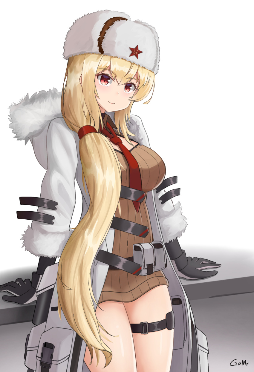 1girl arms_behind_back artist_name bangs belt_bag black_gloves blonde_hair blush breasts brown_sweater closed_mouth coat cosplay english_commentary eyebrows_visible_through_hair feet_out_of_frame fur-trimmed_coat fur-trimmed_sleeves fur_trim gamryous girls'_frontline gloves hat hat_ornament highres long_hair long_sleeves looking_at_viewer medium_breasts mod3_(girls'_frontline) mosin-nagant_(girls'_frontline) mosin-nagant_(girls'_frontline)_(cosplay) necktie open_clothes open_coat papakha red_eyes red_necktie red_star smile solo standing star_(symbol) star_hat_ornament sv-98_(girls'_frontline) sweater white_background white_coat white_headwear