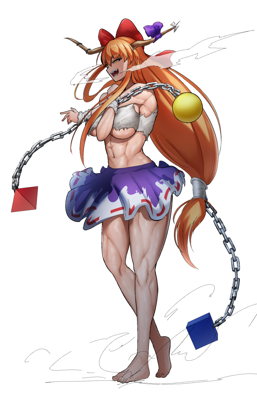 1girl abs absurdres bangs bare_shoulders barefoot breasts chain crop_top crossed_arms cuffs eyebrows_visible_through_hair fangs feet frayed_clothes full_body hair_between_eyes hair_ribbon highres horns ibuki_suika large_breasts long_hair low-tied_long_hair muscular muscular_female navel open_mouth orange_hair purple_skirt red_ribbon ribbon ribbon-trimmed_skirt ribbon_trim shackles shirt simple_background sirosoil skirt solo standing thighs toes touhou underboob very_long_hair walking white_background white_shirt wrist_cuffs yellow_eyes