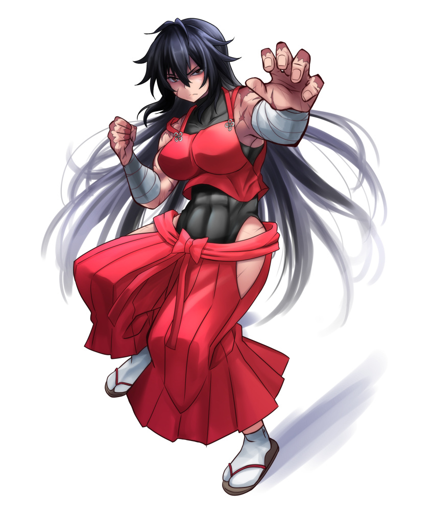 1girl abs absurdres arm_wrap bangs bare_shoulders black_hair black_leotard breasts brown_eyes commentary_request covered_abs covered_collarbone fighting_stance foreshortening frown full_body hair_between_eyes hakama hakama_pants highleg highleg_leotard highres japanese_clothes large_breasts leotard long_hair looking_at_viewer muscular muscular_female pants red_pants red_skirt scar scar_on_arm scar_on_face scar_on_hand sendai_hakurei_no_miko simple_background skirt solo standing tabi touhou very_long_hair white_background white_legwear yagami_(mukage) zouri