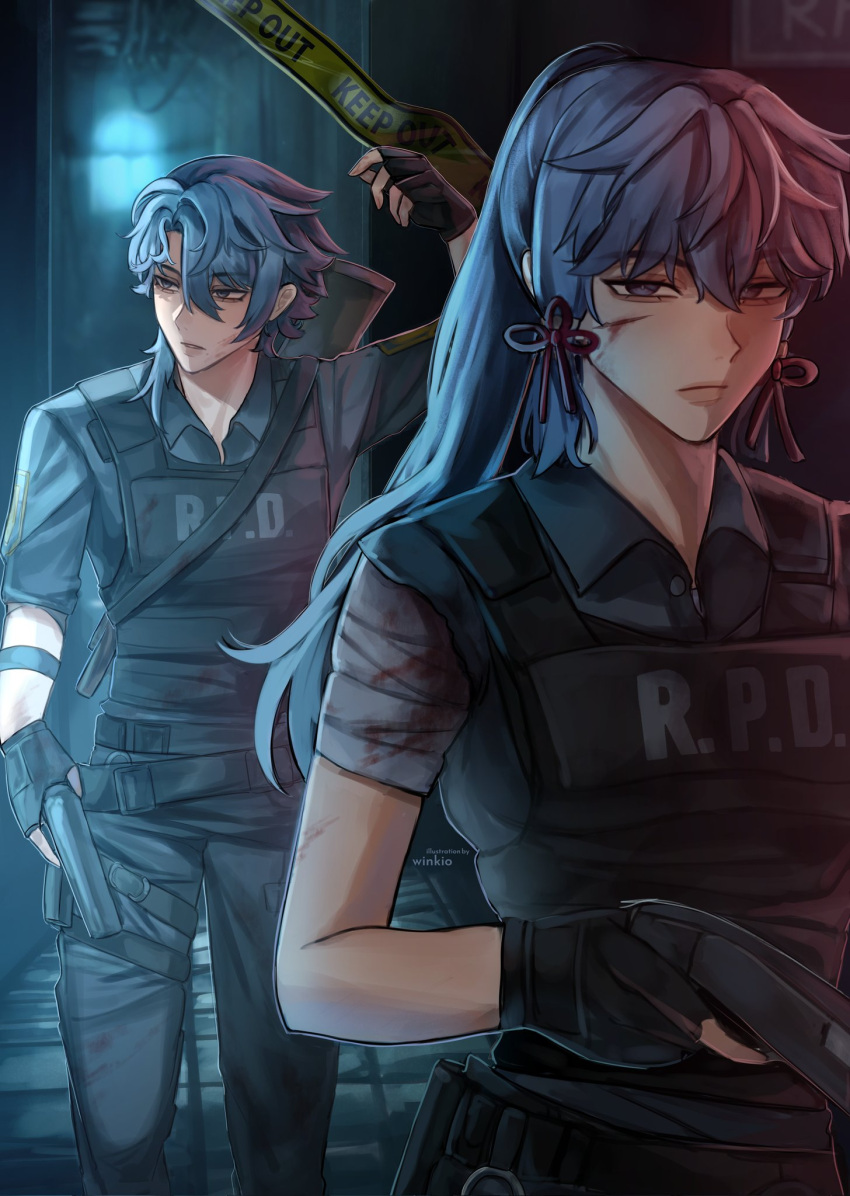 1boy 1girl bangs blood blood_on_clothes blood_on_face blue_eyes blue_hair blunt_bangs blurry blurry_background brother_and_sister bulletproof_vest caution_tape cosplay empty_eyes english_commentary expressionless eyebrows_visible_through_hair fingerless_gloves genshin_impact gloves gun hair_ornament hair_ribbon handgun highres holding holding_gun holding_weapon kamisato_ayaka kamisato_ayato keep_out leon_s._kennedy leon_s._kennedy_(cosplay) long_hair looking_at_viewer looking_to_the_side mole mole_under_mouth police police_uniform ponytail resident_evil resident_evil_2 ribbon siblings tassel tress_ribbon uniform weapon weapon_on_back winkio