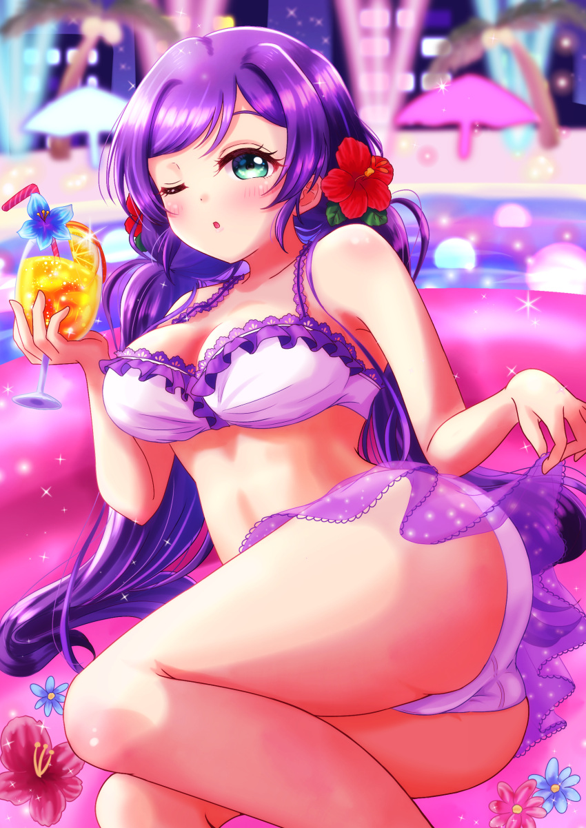 1girl ;o absurdres ass bangs bikini bikini_skirt breasts commentary cup drinking_glass drinking_straw eyebrows_behind_hair eyelashes flower food fruit green_eyes hair_flower hair_ornament hibiscus highres holding holding_cup inflatable_raft large_breasts long_hair looking_at_viewer love_live! love_live!_school_idol_festival love_live!_school_idol_project low_twintails lying microskirt official_alternate_costume on_side one_eye_closed orange_(fruit) orange_slice parted_lips pool purple_bikini purple_hair purple_skirt red_flower ritaso see-through see-through_skirt skirt skirt_hold solo sparkle swept_bangs swimsuit toujou_nozomi tropical_drink twintails twisted_torso wine_glass