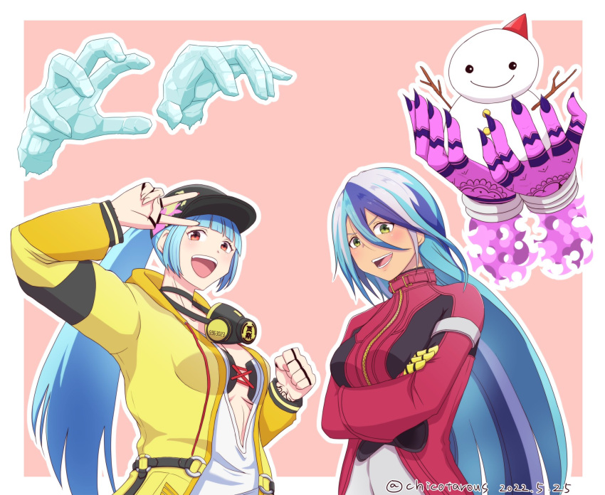 2girls artist_request baseball_cap blue_hair bow breasts choker cleavage cosplay costume_switch dark-skinned_female dark_skin disembodied_limb earrings green_eyes hair_bow hat highres isla_(kof) jacket jewelry kula_diamond kula_diamond_(cosplay) light_blue_hair long_hair looking_at_viewer mask mask_around_neck multicolored_hair multiple_girls oversized_clothes ponytail red_eyes respirator tattoo the_king_of_fighters the_king_of_fighters_xv v