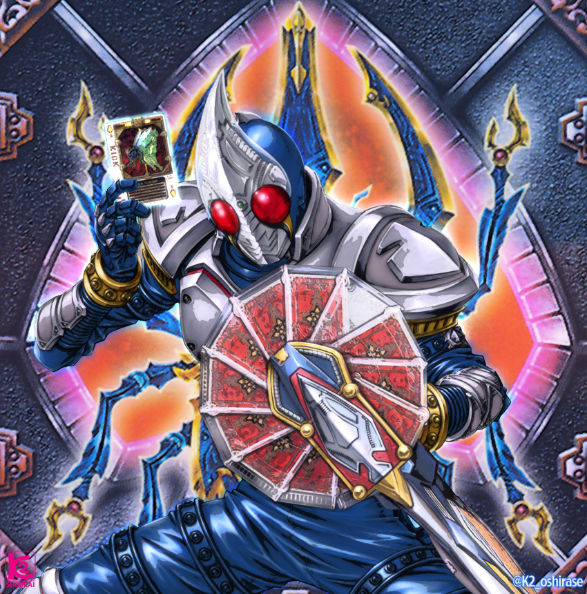 1boy armor beetle blay_rouzer blue_bodysuit bodysuit bug card commentary compound_eyes cropped_legs hercules_beetle highres holding holding_card holding_sword holding_weapon horns k2_shokai kamen_rider kamen_rider_blade kamen_rider_blade_(series) looking_at_viewer male_focus red_eyes reverse_grip shoulder_pads single_horn solo spade_(shape) sword tokusatsu twitter_username upper_body weapon