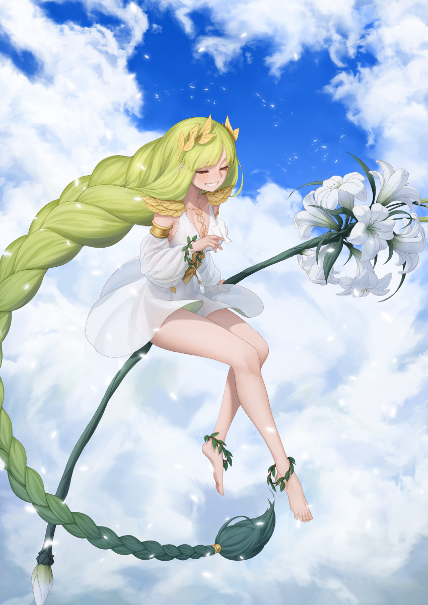 1girl absurdres afk_arena anklet armlet armor bangs bare_arms barefoot bird bird_on_hand blush bracelet braid braided_ponytail breasts cleavage closed_eyes covered_navel detached_sleeves dress feet flora_(afk_arena) flower green_hair hair_ornament highres jewelry kyulohana legs long_hair medium_breasts necktie oversized_flowers petals see-through shoulder_armor single_braid sitting sky smile solo thighs toes very_long_hair white_dress white_flower