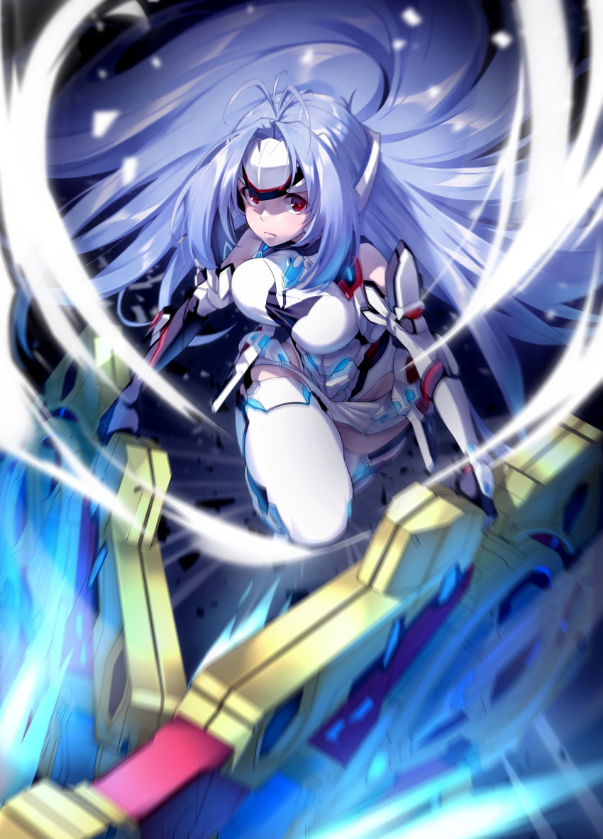 1girl absurdres android blue_hair breasts forehead_protector glowing_crystal highres kos-mos kos-mos_re: large_breasts leotard long_hair red_eyes solo takatun223 very_long_hair xenoblade_chronicles_(series) xenoblade_chronicles_2 xenosaga