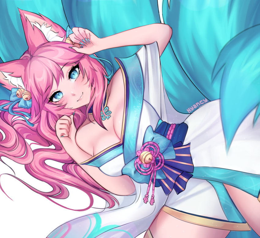 1girl ahri_(league_of_legends) animal_ear_fluff animal_ears artist_name bare_shoulders bell blue-eyes_white_dragon blue_bow blue_eyes blue_nails blue_tail blush bow closed_mouth collarbone eyebrows_visible_through_hair eyelashes facial_mark fangs fangs_out fingernails fox_ears fox_girl fox_tail hair_bell hair_bow hair_ornament highres japanese_clothes kimono kitsune league_of_legends long_eyelashes long_fingernails long_hair multiple_tails ny4ncy paw_pose pink_hair sharp_fingernails slit_pupils smile solo spirit_blossom_(league_of_legends) spirit_blossom_ahri tail very_long_fingernails whisker_markings