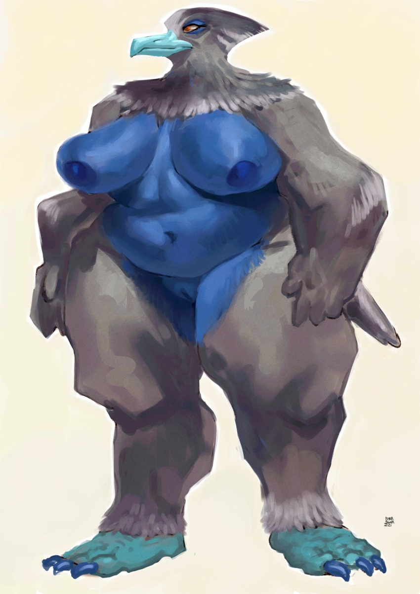 2021 3_toes anthro areola avian barefoot beak big_breasts bird blue_areola blue_beak blue_body blue_feathers blue_markings blue_nails breasts colored_nails dyna_soar feathers feet female genitals grey_body grey_feathers hi_res huge_breasts markings nails navel nipples nude obese obese_anthro obese_female overweight overweight_anthro overweight_female painting pussy red_eyes signature simple_background solo standing tail_feathers thick_thighs toes wide_hips
