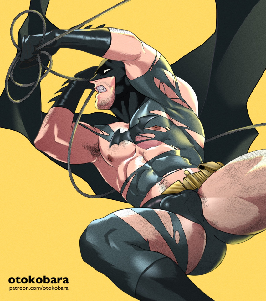 1boy abs armpit_hair artist_name ass bara batman batman_(series) belt black_cape black_gloves bodysuit bruce_wayne bulge cape chest_hair clenched_teeth dc_comics facial_hair gloves grey_bodysuit highres large_pectorals leg_hair male_focus mask muscular muscular_male navel nipples otokobara paid_reward_available patreon_username pectorals simple_background solo teeth thick_thighs thighs torn_bodysuit torn_clothes yellow_background