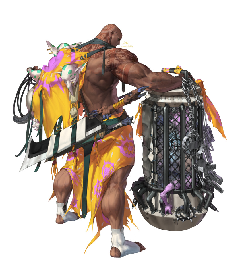 1boy absurdres artist_name back bald bara barefoot blue_eyes cape collar dark-skinned_male dark_skin dontstopgoldg foothold_trap goblin head_tattoo highres long_skirt looking_to_the_side male_focus manly mature_male muscular muscular_male original piercing prison shoulder_tattoo skirt skull solo spiked_collar spikes sword tattoo thick_arms thick_thighs thighs weapon weapon_on_back