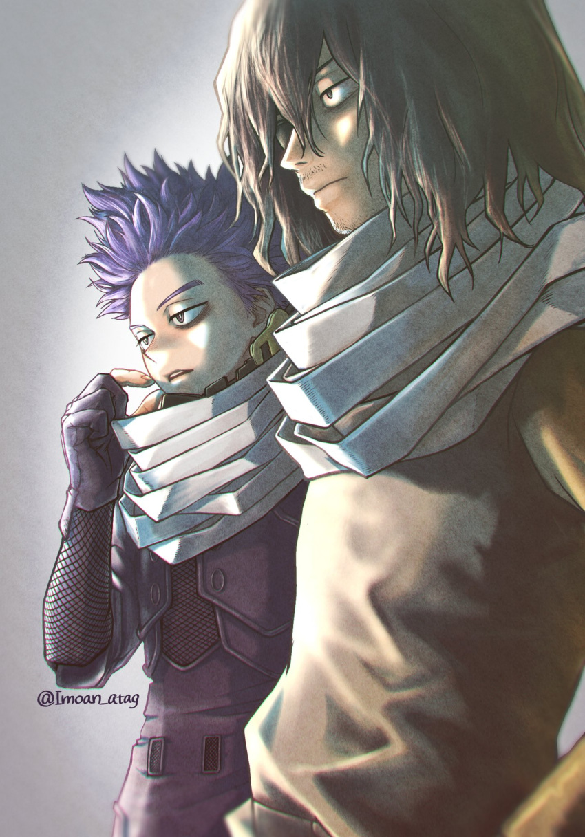 2boys black_bodysuit black_hair bodysuit boku_no_hero_academia brown_eyes closed_mouth commentary eraser_head_(boku_no_hero_academia) facial_hair gloves grey_background hair_between_eyes half-closed_eyes hand_on_own_face highres imoan_atag long_hair long_sleeves male_focus multiple_boys parted_lips purple_hair scarf shinsou_hitoshi short_hair standing stubble twitter_username white_scarf