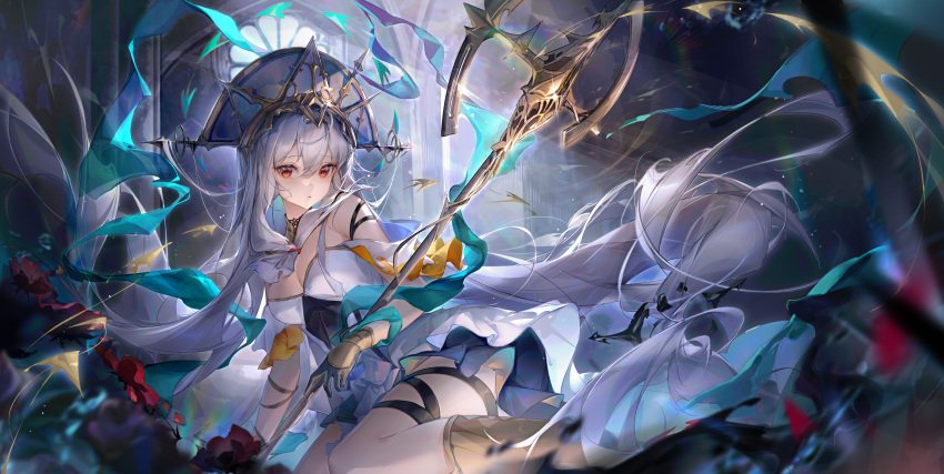 1girl absurdres arknights bangs bare_shoulders black_ribbon dress gloves hair_between_eyes headdress highres irisrey leg_ribbon long_hair looking_at_viewer red_eyes ribbon skadi_(arknights) skadi_the_corrupting_heart_(arknights) skadi_the_corrupting_heart_(sublimation)_(arknights) solo very_long_hair white_dress white_hair