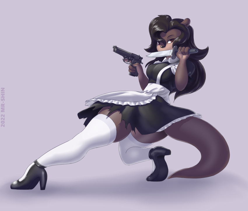 2022 4_fingers anthro black_clothing black_topwear clothing fingers gun hi_res high_heels knife lutrine maid_uniform male mammal mr-shin mustelid pose purple_background ranged_weapon river_otter shin_(mr-shin) simple_background solo topwear uniform weapon