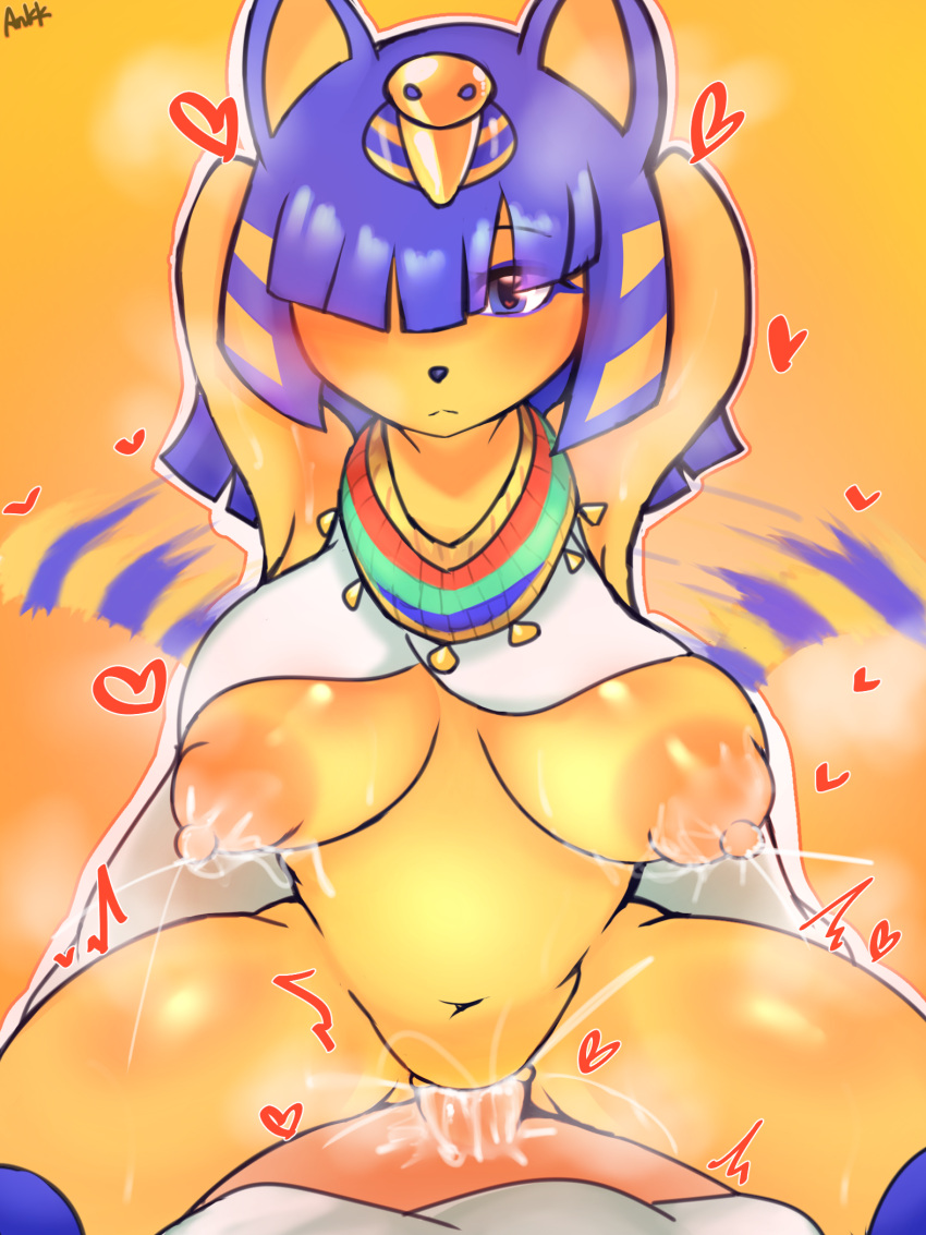 &lt;3 animal_crossing ankha_(animal_crossing) anthro areola big_areola bodily_fluids cowgirl_position cum cum_in_pussy cum_inside domestic_cat felid feline felis female first_person_view from_front_position genital_fluids genitals hair hair_over_eye hands_behind_head hi_res human jewelry lactating looking_at_viewer mammal necklace nintendo on_bottom on_top one_eye_obstructed pussy sex steam tail_motion tailwag video_games wonkake