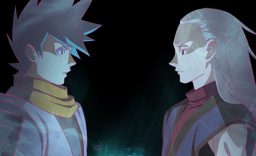 2boys blue_eyes blue_hair breath_of_fire breath_of_fire_iii closed_mouth highres long_hair male_focus multiple_boys nori_(norimakigumo) ryuu_(breath_of_fire_iii) simple_background teepo