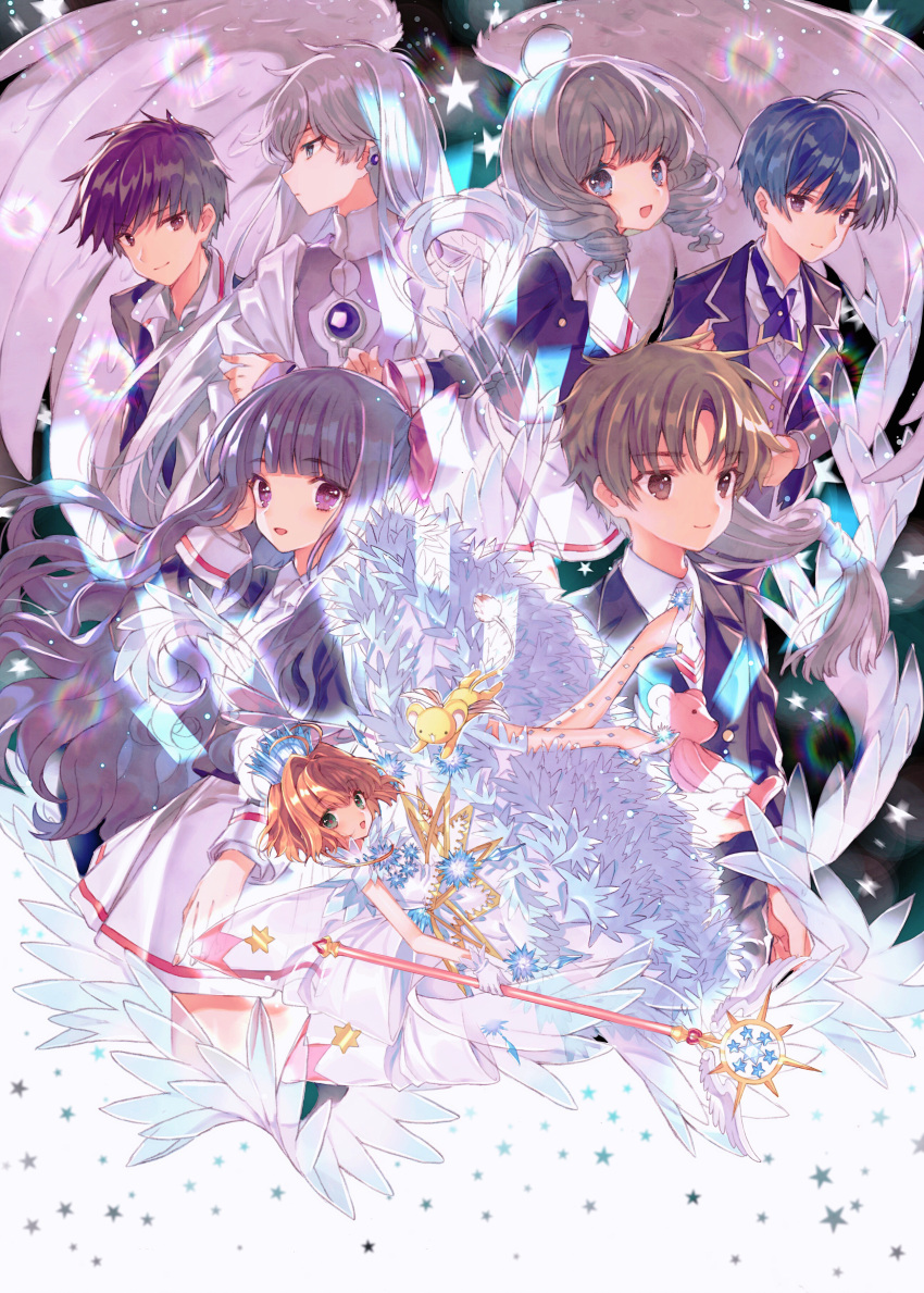 absurdres brother_and_sister brown_hair cardcaptor_sakura character_request daidouji_tomoyo green_eyes grey_hair hair_ornament highres kinomoto_sakura li_xiaolang magical_girl mihara_chiharu multiple_boys multiple_girls purple_eyes purple_hair school_uniform siblings skirt star_(symbol) star_hair_ornament tomoeda_elementary_school_uniform white_skirt wings yasiromann yue_(ccs)