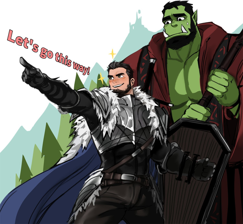 2boys armor bara bare_pectorals beard black_eyes black_hair blush brown_eyes cape chest_armor collared_shirt day excited facial_hair faulds forest gauntlets gloves highres jang_ju_hyeon looking_to_the_side male_focus manly mature_male multiple_boys muscular muscular_male nature open_mouth orc original outdoors pants pectorals pointy_ears shield shirt short_hair size_difference sparkle staff sweat sweatdrop teeth tight tusks warrior weapon worried