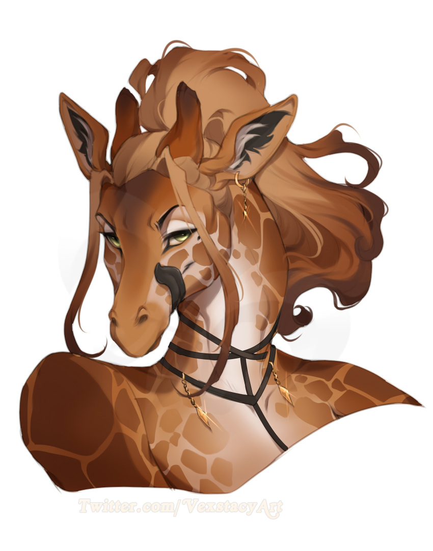 2022 absurd_res anthro brown_hair digital_media_(artwork) ear_piercing ear_ring female fur giraffe giraffid green_eyes hair hi_res mammal piercing solo spots spotted_body spotted_fur tongue vexstacy