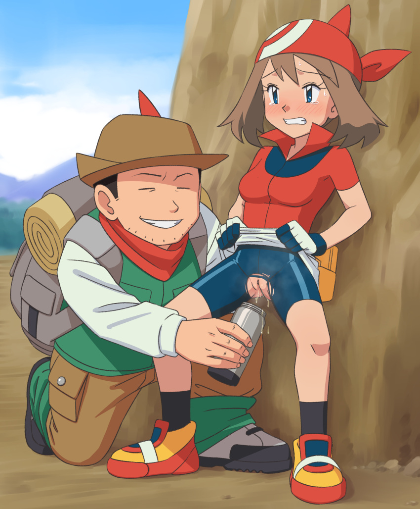 1boy 1girl absurdres bandana bangs bike_shorts black_legwear blue_eyes blush bottle brown_hair brown_headwear brown_pants clenched_teeth closed_eyes cloud collared_shirt commentary_request day eyelashes facial_hair green_vest grin hat highres hiker_(pokemon) holding holding_bottle knees long_sleeves may_(pokemon) medium_hair miraa_(chikurin) outdoors pants pee pokemon pokemon_(anime) pokemon_rse_(anime) raised_eyebrows red_bandana red_shirt shirt shoes skirt sky smile socks spread_legs steam stubble sweat tearing_up teeth vest white_shirt white_skirt