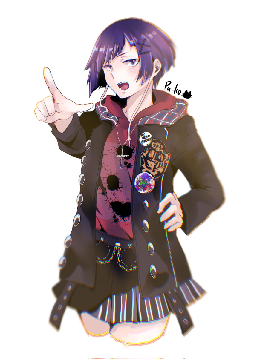 1girl black_jacket blush boku_no_hero_academia chain cross highres hood hoodie jacket jewelry jirou_kyouka kingcoco5963 looking_at_viewer necklace open_mouth pin pointing pointing_at_viewer procreate_(medium) purple_eyes purple_hair short_hair signature simple_background skirt solo white_background