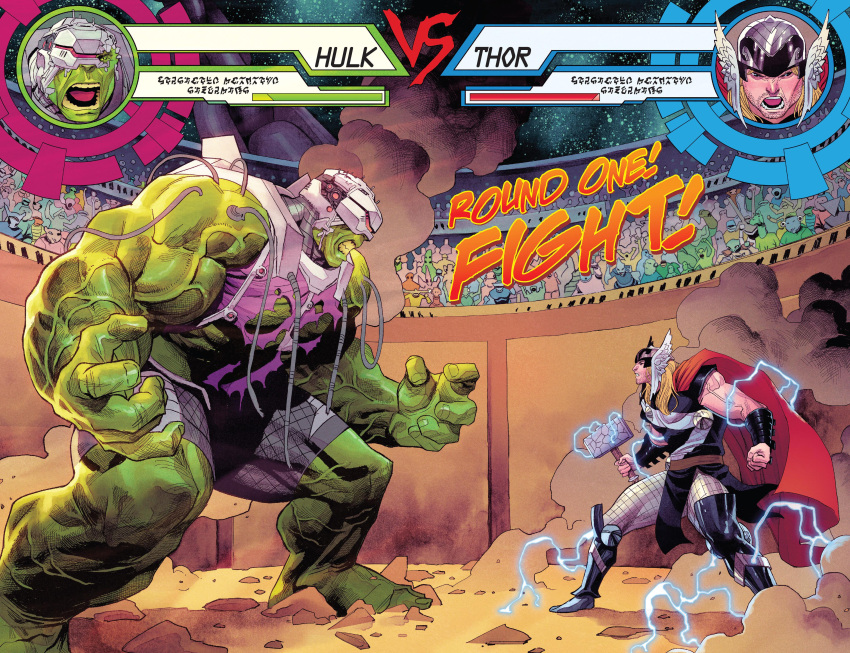 2boys absurdres alternate_costume arena armor artist_request barefoot blonde_hair breastplate cable cape clenched_hands colored_skin faceoff facial_hair fake_screenshot fighting_game fighting_stance green_skin hammer health_bar helmet highres holding holding_hammer hulk male_focus marvel marvel_vs._capcom mjolnir_(marvel) multiple_boys muscular muscular_male official_art parody purple_shirt red_cape shirt shorts size_difference stubble teeth third-party_source thor_(marvel) torn_clothes torn_shirt veins veiny_arms veiny_thighs vs winged_helmet
