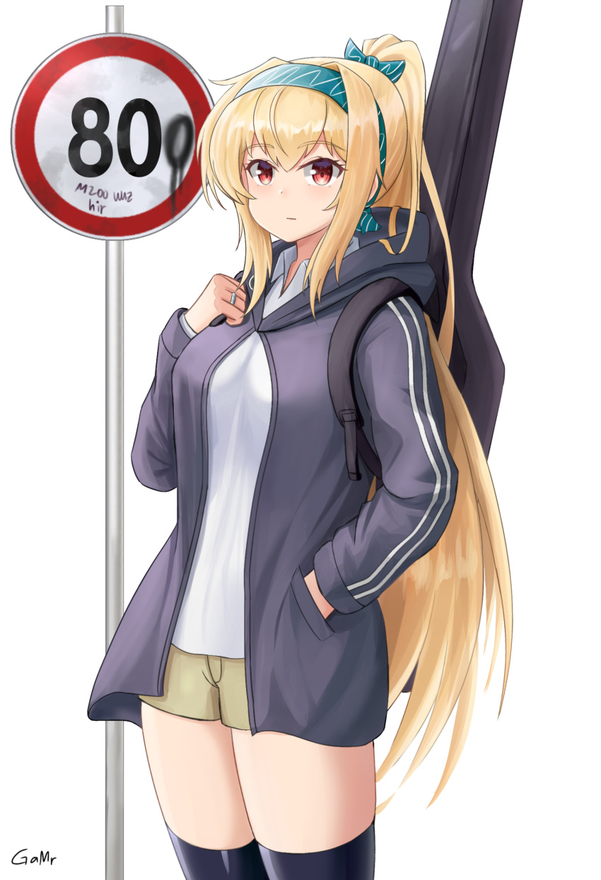 1girl alternate_costume artist_name backpack bag bangs black_legwear blonde_hair bow breasts brown_shorts closed_mouth english_commentary eyebrows_visible_through_hair feet_out_of_frame gamryous girls'_frontline green_bow green_hairband grey_hoodie hair_bow hairband hand_in_pocket hand_on_own_chest highres hood hooded_jacket hoodie jacket long_hair looking_at_viewer ponytail red_eyes road_sign shirt shorts sign solo standing sv-98_(girls'_frontline) thighhighs weapon_case white_background white_shirt