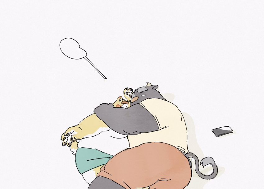 2022 anthro belly blush bottomwear bovid bovine canid canine canis cattle cellphone clothing domestic_dog duo embrace hi_res hug kemono lying male male/male mammal overweight overweight_male phone pommn_mn shirt shorts simple_background smartphone topwear