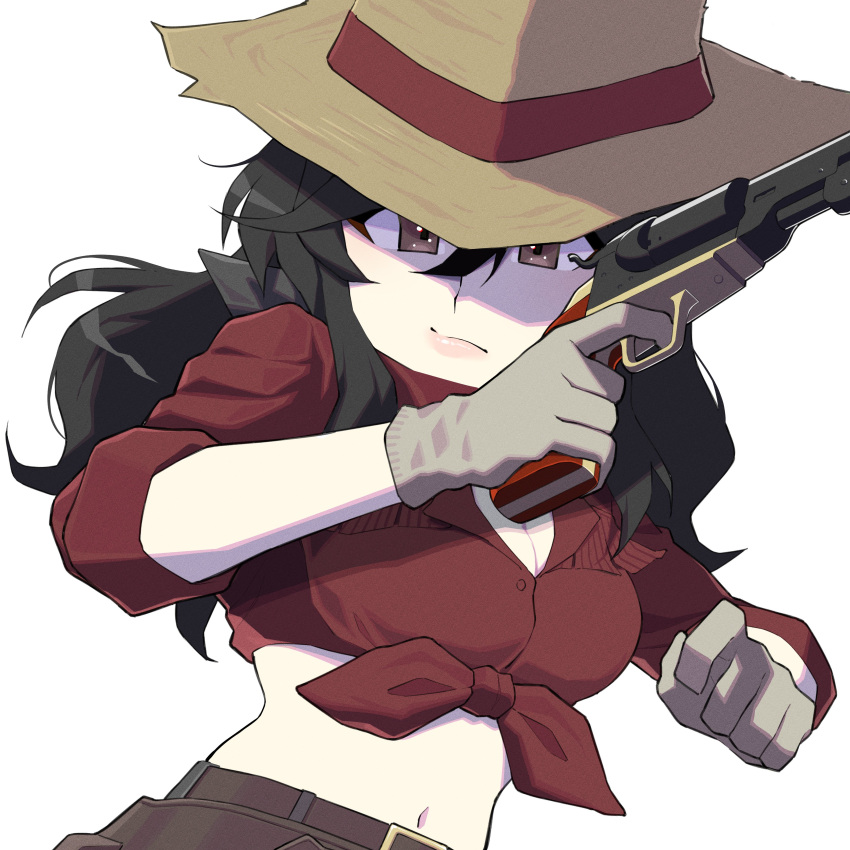 1girl absurdres bangs belle_(girls_und_panzer) belt black_belt black_hair breasts brown_eyes brown_headwear cleavage closed_mouth collared_shirt commentary cowboy_hat front-tie_top frown girls_und_panzer gloves grey_gloves gun hat highres holding holding_gun holding_weapon long_hair long_sleeves looking_at_viewer medium_breasts messy_hair midriff nakachiruno navel red_shirt revolver shirt simple_background solo straw_hat upper_body weapon white_background