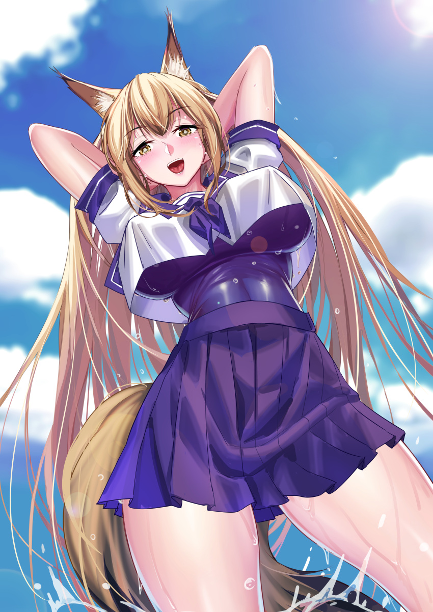 1girl :d absurdres animal_ear_fluff animal_ears arknights arms_behind_head bangs blonde_hair blue_neckerchief blue_sailor_collar blue_skirt blue_swimsuit blush breasts brown_eyes brown_hair cameltoe center_opening cloud contrapposto covered_nipples cowboy_shot crop_top crop_top_overhang eyebrows_visible_through_hair fox_ears fox_girl fox_tail franka_(arknights) from_below gradient_hair hair_between_eyes highres large_breasts long_hair looking_at_viewer miniskirt multicolored_hair neckerchief onceskylark open_mouth pleated_skirt puffy_short_sleeves puffy_sleeves sailor_collar school_uniform shirt short_sleeves skirt sky smile solo sun swimsuit swimsuit_under_clothes tail taut_clothes taut_swimsuit thighs very_long_hair wading water wet wet_clothes white_shirt yellow_eyes