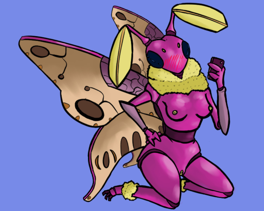 animal_humanoid anthro arthropod arthropod_humanoid blue_eyes blush female genitals humanoid insect insect_humanoid lepidopteran lepidopteran_humanoid moth moth_humanoid mr.pp nude pink_body pinup pose pussy rosy_maple_moth selfie sitting solo