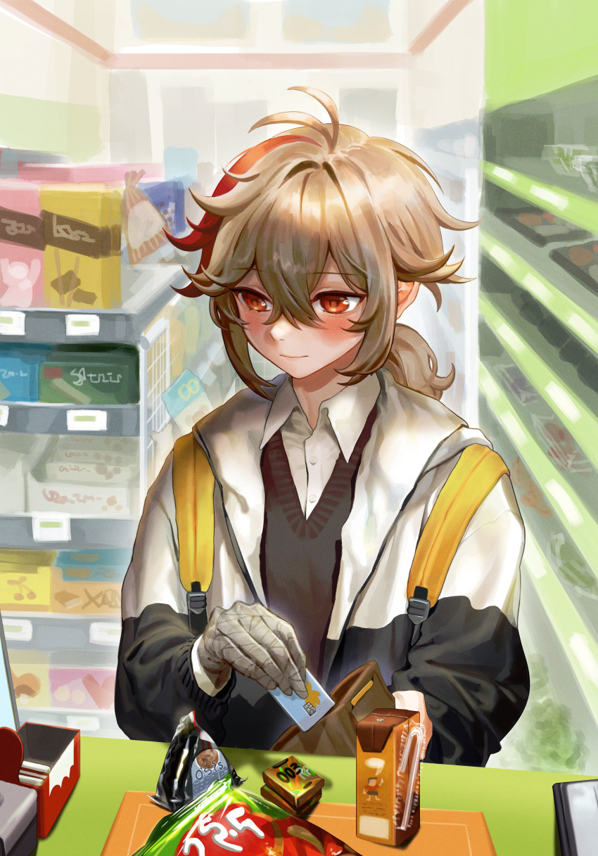 1boy absurdres alternate_costume badamon bandaged_hand bandages bangs blush chips collared_shirt condom_box contemporary convenience_store credit_card eyebrows_visible_through_hair food genshin_impact highres jacket kaedehara_kazuha long_sleeves looking_down male_focus multicolored_hair ponytail red_eyes red_hair shirt shop snack solo streaked_hair vest_over_shirt wallet white_hair