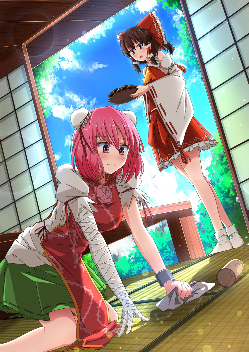 2girls absurdres all_fours ascot bangs blue_sky bow bun_cover cleaning closed_mouth cloud cuffs double_bun flower green_skirt hair_bow hair_tubes hakurei_reimu highres ibaraki_kasen indoors light_particles looking_at_another looking_at_viewer multiple_girls open_mouth pink_eyes pink_flower pink_hair pink_rose red_bow red_eyes red_shirt red_skirt ribbon-trimmed_sleeves ribbon_trim rose sazanami_mio_(style) shackles shimotsuki_aoi shirt short_hair shrine skirt sky socks spill standing tabard touhou white_legwear white_shirt wide_sleeves yellow_ascot