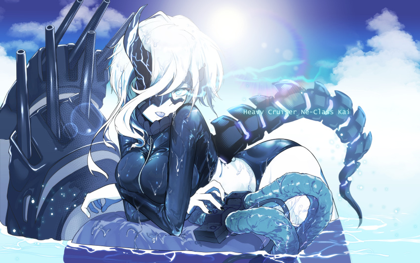 1girl abyssal_ship aqua_eyes bangs black_mask black_nails breasts cloud colored_skin day glowing glowing_eye hair_between_eyes highres horns kantai_collection large_breasts long_sleeves looking_at_viewer mask mask_over_one_eye medium_hair ne-class_heavy_cruiser outdoors pale_skin rash_guard ryuu_tou single_horn sky solo swimsuit tentacles tongue tongue_out turret veins wet wet_hair white_hair white_skin zipper
