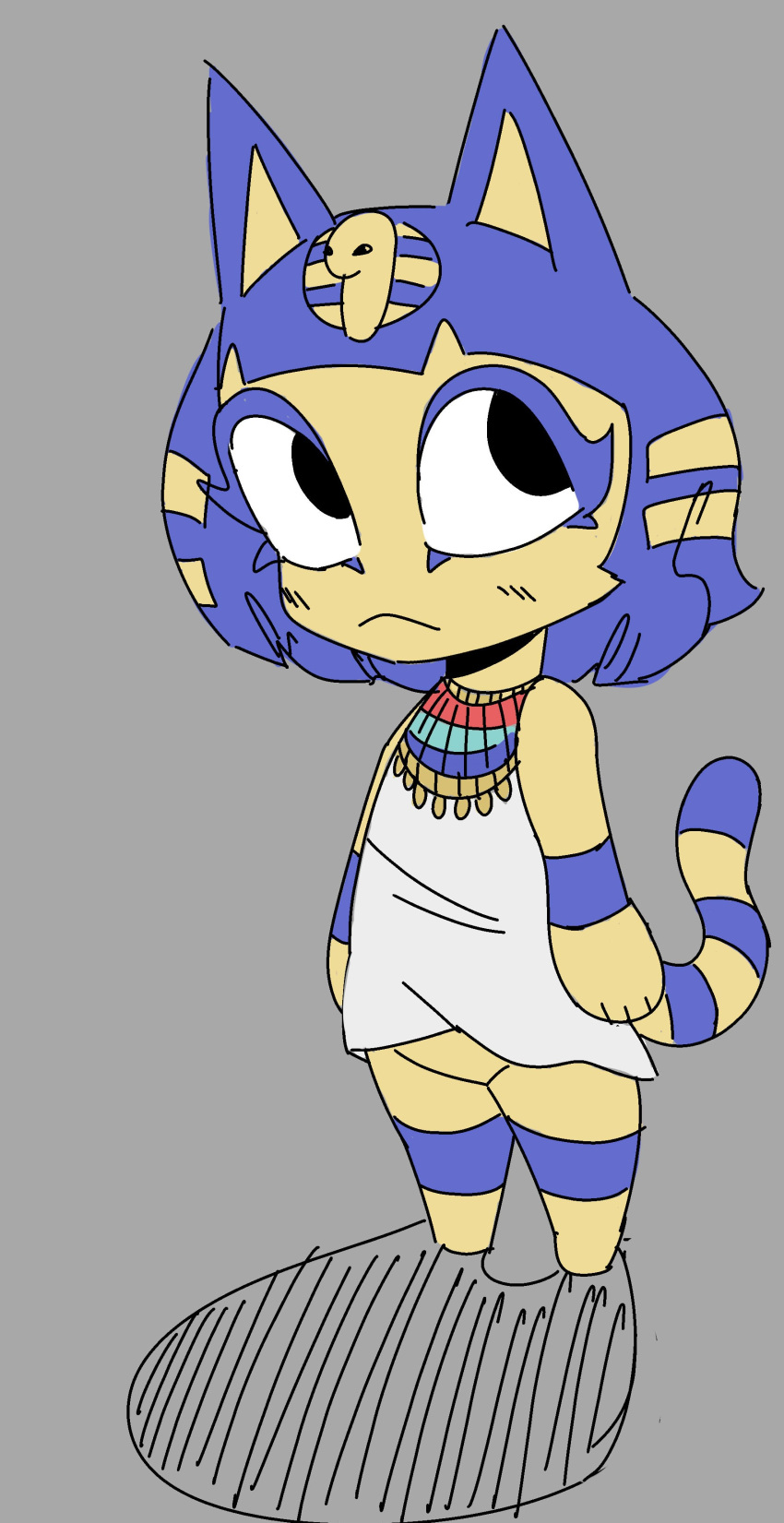 absurd_res animal_crossing ankha_(animal_crossing) anthro blonde_highlights blue_body blue_fur blue_hair blue_stripes blush blush_lines bob_cut bottomless chibi clothed clothing cumlord domestic_cat dress egyptian_clothing egyptian_headdress eyelashes featureless_crotch felid feline felis female fur grey_background hair hi_res highlights_(coloring) jewelry looking_aside mammal necklace nintendo simple_background solo striped_body stripes video_games white_clothing white_dress yellow_body yellow_fur yellow_inner_ear