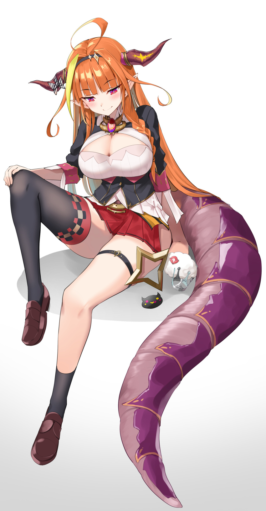 1girl absurdres ahoge black_hairband black_legwear blonde_hair braid breasts brown_footwear cleavage commentary_request crown dragon_girl dragon_horns dragon_tail duplicate full_body hairband halo halo_removed highres hololive horns kiryu_coco large_breasts long_hair multicolored_hair orange_hair pixel-perfect_duplicate red_eyes shoes simple_background single_braid single_thighhigh sitting solo star_halo streaked_hair tail thighhighs virtual_youtuber white_background yuuzuki_(re'ef)