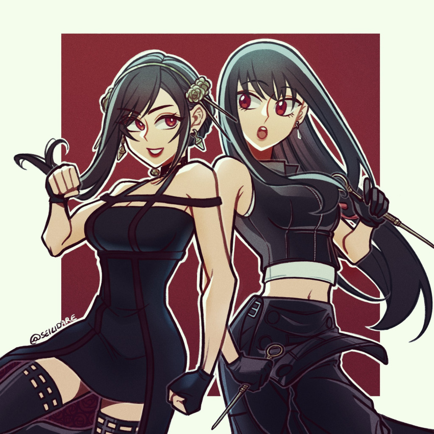 2girls breasts cosplay cowboy_shot crop_top dagger dress earrings final_fantasy final_fantasy_vii final_fantasy_vii_advent_children final_fantasy_vii_remake gold_earrings gold_hairband highres holding holding_dagger holding_weapon jewelry knife long_hair medium_breasts midriff multiple_girls open_mouth red_eyes seilidare sleeveless spy_x_family standing stiletto_(weapon) tifa_lockhart tifa_lockhart_(cosplay) two-sided_dress two-sided_fabric updo weapon yor_briar yor_briar_(cosplay)