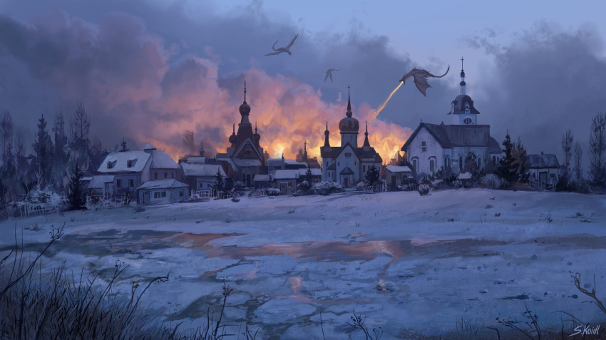absurdres building bush commentary dragon english_commentary fantasy fire grass highres no_humans original outdoors river scenery smoke snow stefan_koidl tree