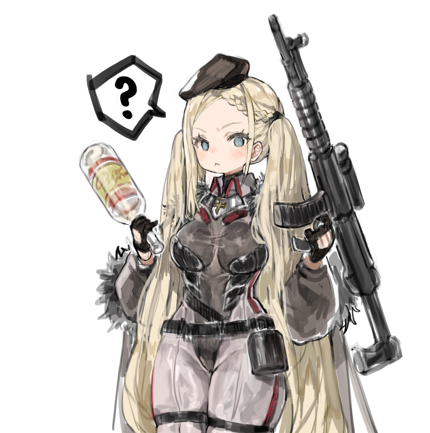 1girl :&lt; ? a-545_(girls'_frontline) a545 absurdres bangs beret black_gloves black_headwear blonde_hair blush bodysuit bottle braid breasts closed_mouth fur_trim girls'_frontline gloves gun hat highres holding holding_bottle holding_gun holding_weapon kkaebing long_hair looking_at_viewer medium_breasts simple_background solo spoken_question_mark very_long_hair weapon white_background